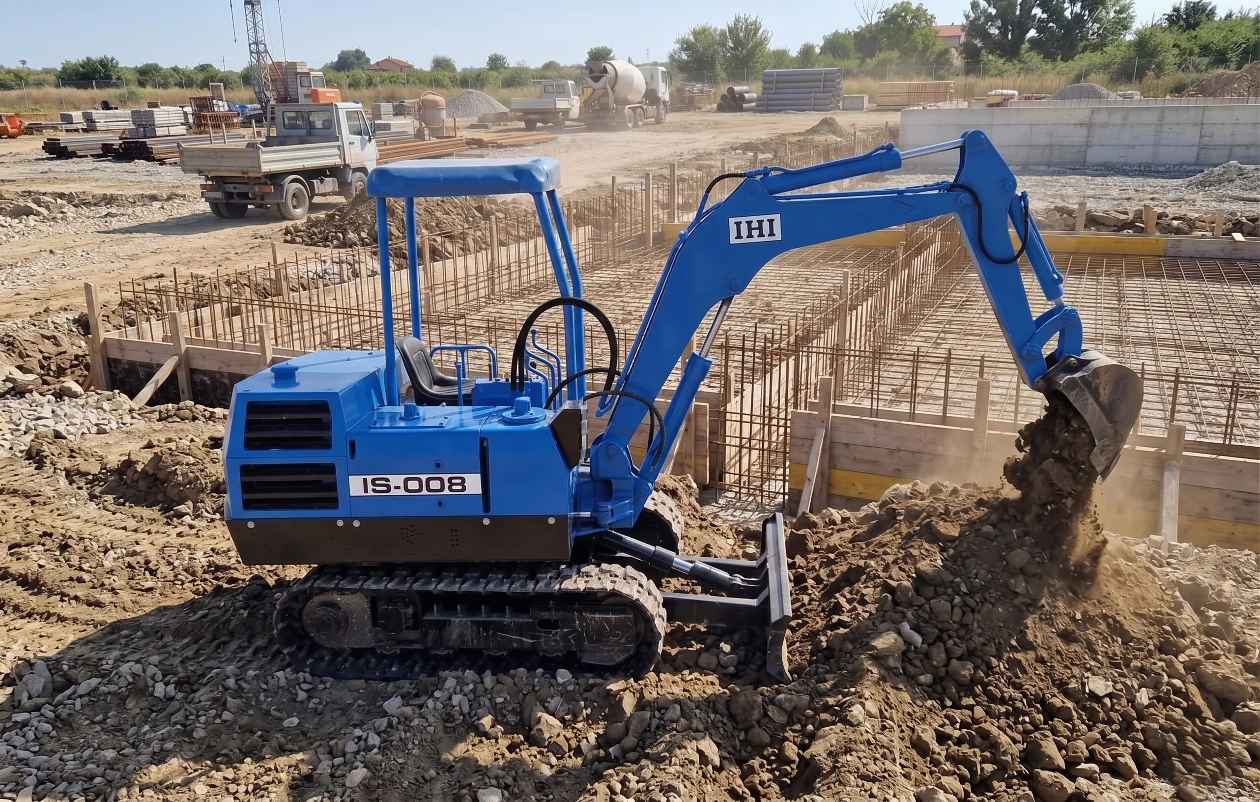 Excavator albastru in lucru la fundatie